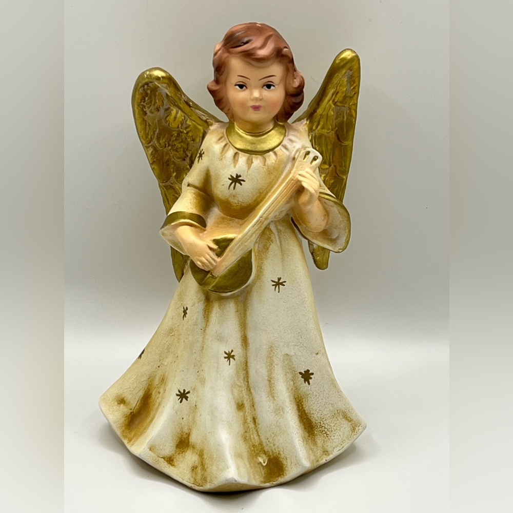 Vintage MCM Handmade Clay Mold Angel with Lute Figurine 7 in Japan